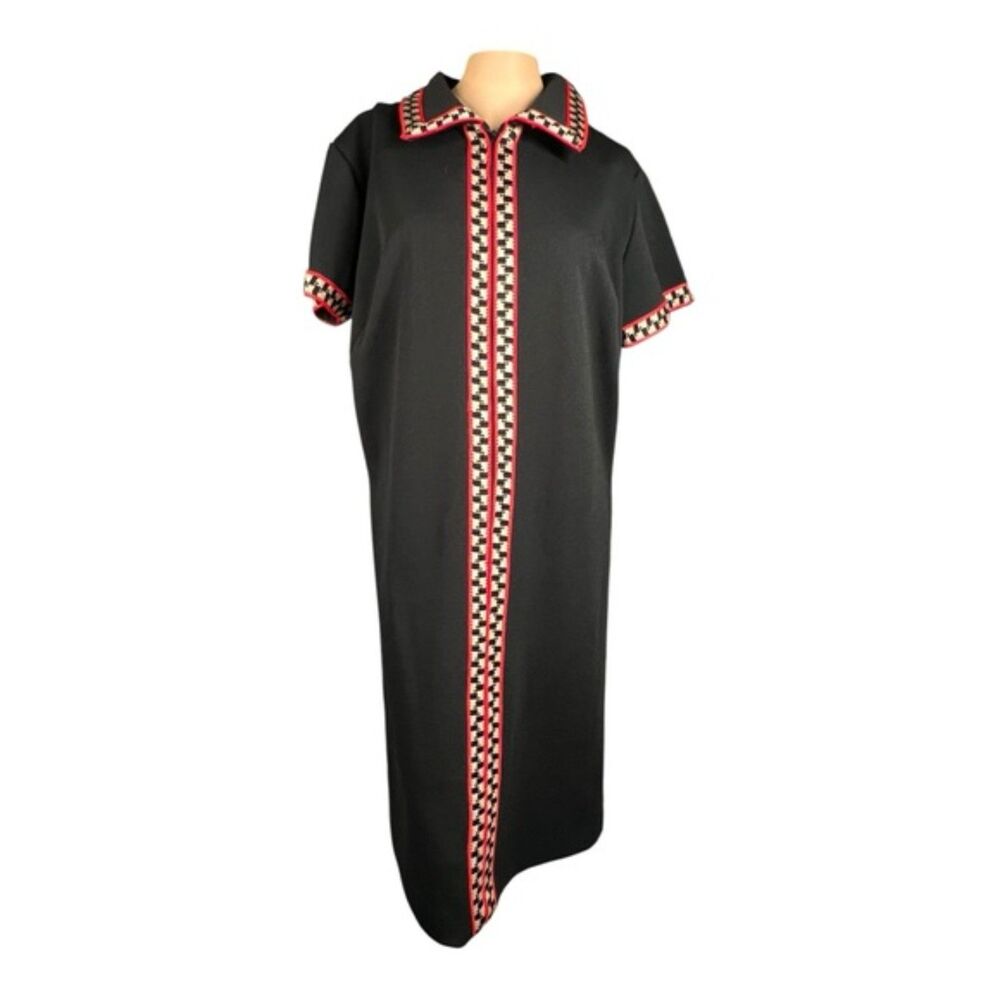 Vintage 60s Black Zip Front House Dress with Red Geometric Trim